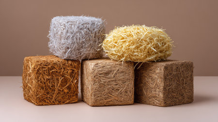 This image features a stylish display of colorful straw bales in a minimalist setting, ideal for inspiration in projects related to nature, agriculture, and creative design.の素材