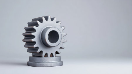 A detailed view of a metallic gear highlights its industrial design, offering a unique perspective for projects related to technology, engineering, or manufacturing.の素材