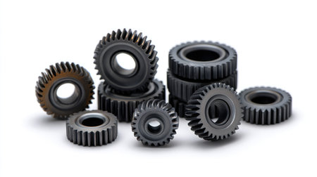 A collection of black industrial gears displayed in a close-up view, emphasizing the intricate design and functionality of mechanical parts for engineering projects.の素材