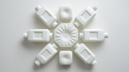 A striking arrangement of white containers in various shapes on a light background, ideal for creative packaging concepts, modern design projects, or minimalistic photography.の素材