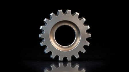 A detailed close-up of a metallic gear with sharp teeth set against a dark background, ideal for projects related to mechanics, engineering, and industrial design showcasing precision.の素材