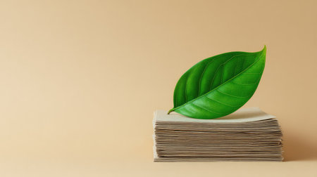 A vibrant green leaf rests elegantly on a stack of light-colored papers, embodying themes of nature, sustainability, and minimalistic design for creative and professional projects.の素材