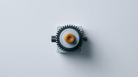 A striking overhead shot of a precision gear mechanism on a neutral background, showcasing the intricate detailing and engineering aspects, ideal for technology-related projects.の素材