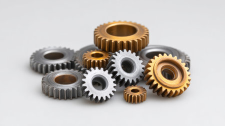 A visually striking display of metallic gears showcases their intricate design and functionality, perfect for applications in engineering, manufacturing, and mechanical design.の素材