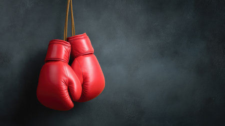 Close-up of vibrant red boxing gloves hanging against a dark textured background, symbolizing strength and determination, ideal for sports and fitness-related projects.の素材