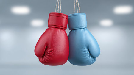 A pair of vibrant red and blue boxing gloves suspended against a neutral background, emphasizing themes of competition, sportsmanship, and fitness in an energetic training atmosphere.の素材