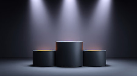 A sleek and modern pedestal display featuring dramatic lighting, perfect for showcasing products or art pieces in minimalistic environments, creating a captivating visual impact.の素材