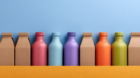 A neat arrangement of colorful bottles and containers on a bright surface against a blue background, ideal for showcasing beverages and creative marketing ideas.の素材