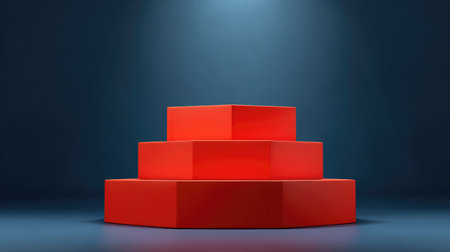 A striking red podium set against a dark blue background, perfect for product displays or artistic showcases. Features clean lines and modern design elements.の素材