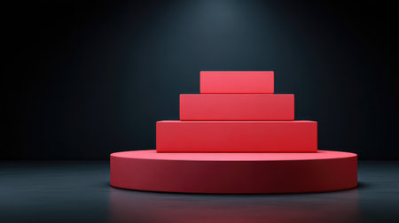 A striking arrangement of red geometric stages set against a dark background, ideal for showcasing products, artistic concepts, or minimalist presentations in various creative settings.の素材