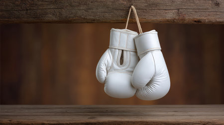 A pair of vintage white boxing gloves are elegantly hanging on a wooden beam, showcasing a rustic charm perfect for sports and fitness-related themes.の素材