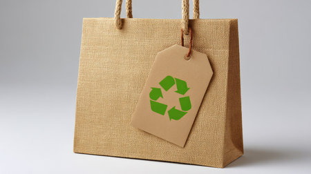 This eco-friendly brown paper bag features a stylish recycle logo tag, embodying sustainability and modern design for conscious shoppers and gift-givers.の素材