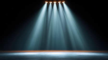 Capturing the essence of performance, this image showcases dramatic stage lighting with bright rays illuminating an empty theater floor, evoking mystery and anticipation.の素材