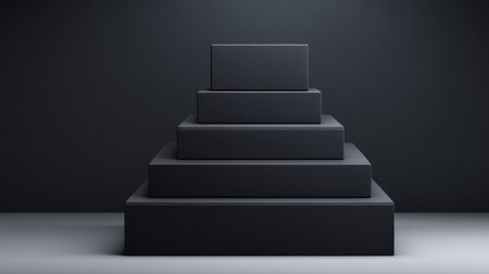 A striking minimalist arrangement of black square blocks creating a layered pyramid effect against a dark background, perfect for modern design concepts and artistic projects.の素材