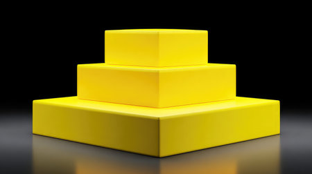 Three stacked yellow geometric shapes display a glossy surface, enhancing the vibrancy against a dark background, ideal for modern design, artistic concepts, and innovative presentations.の素材