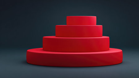Red circular platforms are arranged in ascending order against a dark backdrop, offering a striking visual suitable for modern design projects and creative concepts.の素材