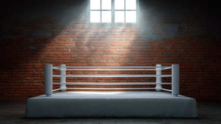A dramatic image of an empty boxing ring capturing the essence of competition, illuminated by sunlight through a window against a rustic brick background.の素材