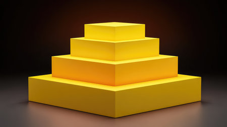 A vibrant arrangement of yellow geometric shapes stacked in a pyramid formation, illuminated by dramatic lighting, creating a modern aesthetic perfect for artistic themes.の素材