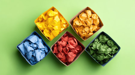 A vibrant arrangement of crumpled paper in boxes of various colors, set against a fresh green backdrop, perfect for representing creativity and organization in a workspace or artistic setting.の素材