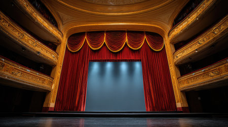 The image features an empty theater stage adorned with rich red curtains and golden details, creating a dramatic atmosphere ideal for artistic performances and events.の素材