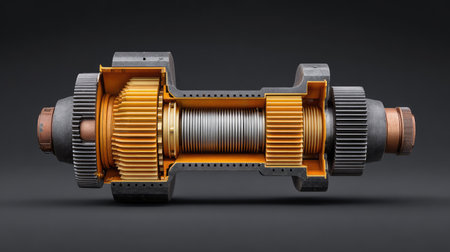 This image features a detailed cross-section of a mechanical gear component, showcasing the intricate design and precision engineering that drive modern machinery and technology.の素材