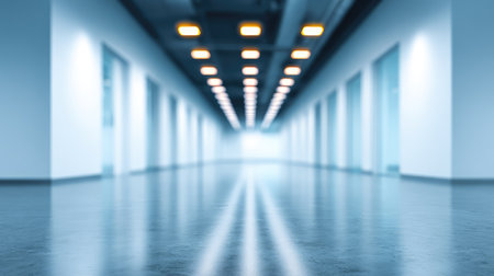 A spacious modern corridor featuring polished flooring and bright overhead lights, creating a sleek and professional atmosphere perfect for business environments.の素材