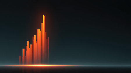 A modern and abstract image illustrating financial growth with rising orange bars on a dark background, symbolizing success and prosperity in business analytics.の素材