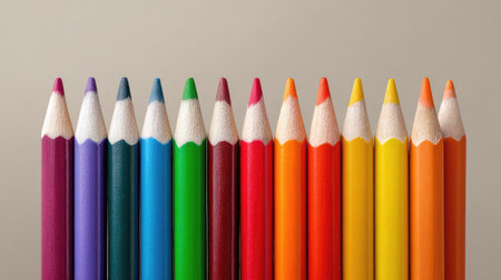 A vibrant row of sharpened crayons displayed against a neutral background. Ideal for representing creativity, art education, and colorful projects in various settings.の素材