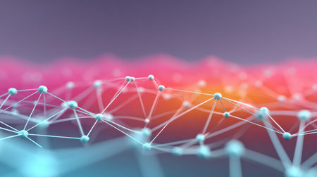 This abstract image showcases a digital network structure featuring interconnected nodes against a colorful gradient background, ideal for technology and innovation themes.の素材