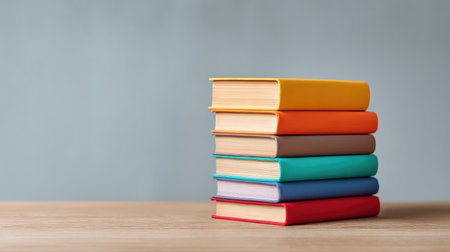 A vibrant stack of colorful books resting on a wooden table, featuring a soft blurred background. Perfect for themes of education, learning, and reading in modern design contexts.の素材