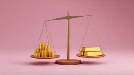This image features a scale balancing coins on one side and gold bars on the other, symbolizing the relationship between wealth, value, and investment in a striking aesthetic.の素材
