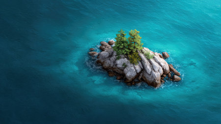 Experience the tranquil beauty of a remote island adorned with lush trees, surrounded by vibrant turquoise waters, perfect for serene escapes and nature exploration.の素材