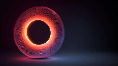 Stunning abstract 3D render showcasing a colorful glowing circle with dynamic light trails against a dark background, perfect for modern design and artistic projects.の素材