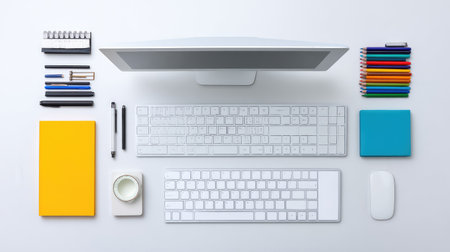 A stylish top-down view of a modern office workspace showcasing a computer, keyboard, stationery, and colorful pens arranged neatly for enhanced productivity and inspiration.の素材