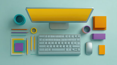 A stylish modern office workspace showcasing a computer, keyboard, and vibrant stationery items arranged neatly on a colorful background, perfect for creativity and productivity.の素材