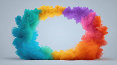 A stunning, colorful smoke explosion creates a dynamic circular frame, perfect for various creative projects. The vibrant hues add energy and visual interest.の素材