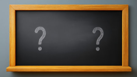 A blank chalkboard with two question marks in white chalk illustrates themes of uncertainty and inquiry, ideal for educational or creative concepts in design and communication.の素材