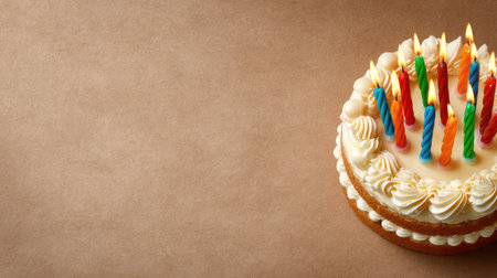 This vibrant birthday cake, adorned with colorful candles, radiates joy and is perfect for celebrations, parties, and creating cherished memories with loved ones.の素材