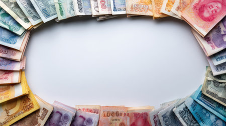 An eye-catching arrangement of diverse banknotes showcasing various denominations forms a circular frame, perfect for any financial or economic-related design project.の素材