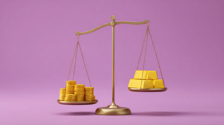 A visually striking image featuring a scale balancing golden coins on one side and gold bars on the other, set against a vivid purple backdrop, symbolizing financial stability and wealth.の素材