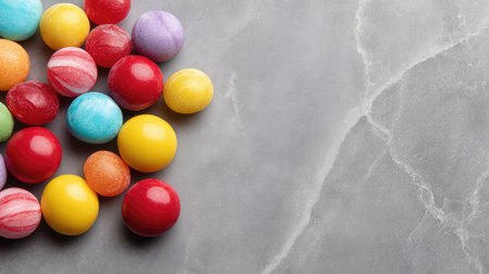 Bright and colorful assortment of candy spheres on a smooth marble background, ideal for festive decorations, dessert tables, and conveying a sense of joy and sweetness.の素材