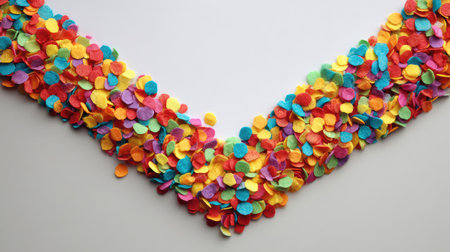 Colorful confetti spreads across a simple background, creating a festive atmosphere ideal for parties and celebrations, generating excitement and joy during special occasions.の素材