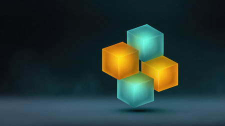 Colorful transparent cubes float against a dark background, showcasing a modern design concept. Ideal for projects that emphasize creativity and innovation in digital art.の素材