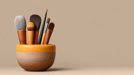 A stylish collection of art brushes arranged in a beautiful pot showcases creativity and artistry against a smooth neutral backdrop, ideal for artistic projects.の素材
