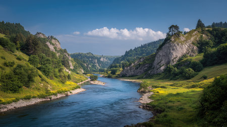 A picturesque view of a river winding through lush green valleys, flanked by rocky cliffs under a clear blue sky, creating a serene outdoor escape perfect for nature lovers.の素材