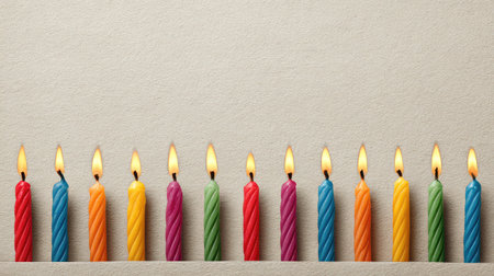 A vibrant array of colorful birthday candles with flickering flames, symbolizing joy and celebration on a neutral backdrop ideal for party decorations and festive themes.の素材