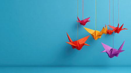 Vibrant and colorful origami cranes suspended from strings in a minimalistic setting, symbolizing creativity and hope against a stunning blue backdrop.の素材