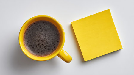 A bright yellow coffee mug with dark beverage next to a vibrant yellow sticky note on a clean white surface, perfect for inspiring creativity and productivity in any workspace.の素材
