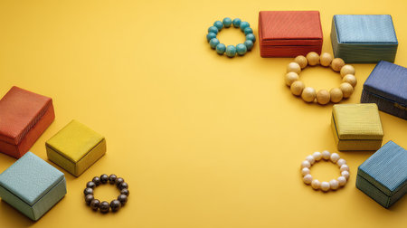 This vibrant image features colorful jewelry boxes and stylish bracelets, beautifully arranged against a bright yellow background, ideal for fashion and accessory marketing.の素材