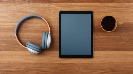 A modern workspace showcasing wireless headphones, a tablet, and a warm cup of coffee on a wooden table, perfect for creative and productive sessions in a stylish environment.の素材